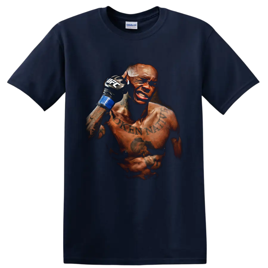 Israel Adesanya intense painted MMA fighter portrait with raised blue glove on a Navy (Blue) T Shirt