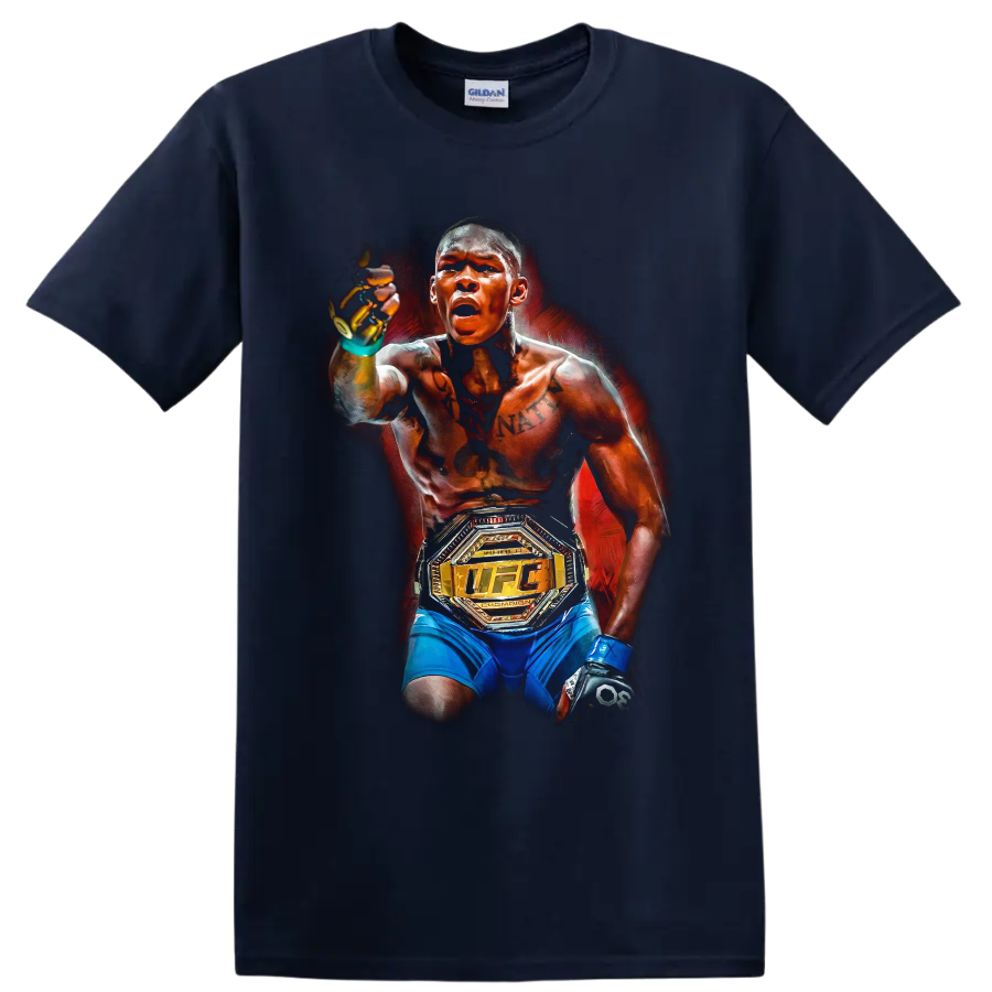 Israel Adesanya painted MMA portrait with UFC championship belt on a Navy (Blue) T Shirt