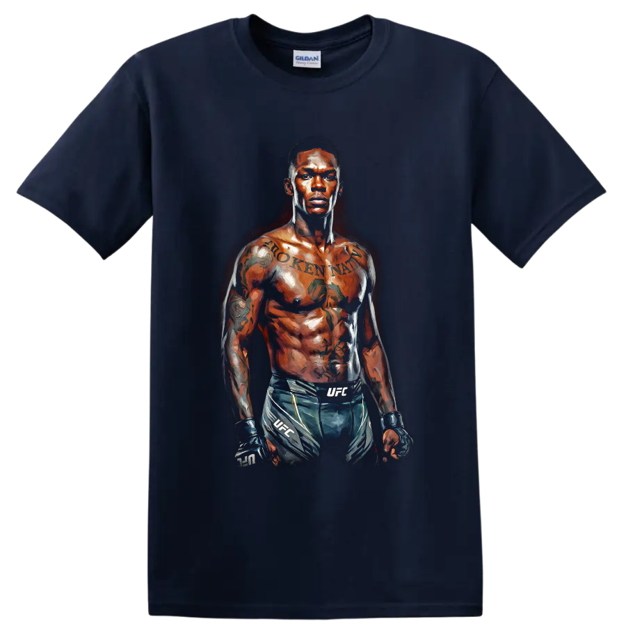 Israel Adesanya painterly MMA fighter portrait wearing gloves and fight shorts on a Navy (Blue) T Shirt