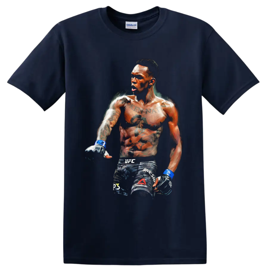 Israel Adesanya MMA fighter portrait in dramatic painterly fight-art style on a Navy (Blue) T Shirt