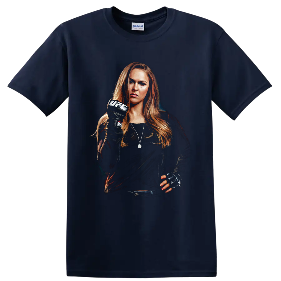 Ronda Rousey MMA fighter portrait in UFC gloves with a raised fist on a Navy (Blue) T Shirt