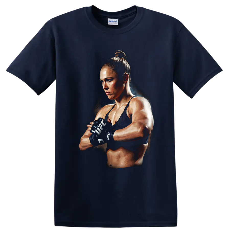 Ronda Rousey MMA fighter in gloves with a dramatic painterly portrait style on a Navy (Blue) T Shirt