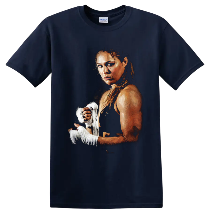 Ronda Rousey MMA fighter portrait with white hand wraps in dramatic painterly art on a Navy (Blue) T Shirt