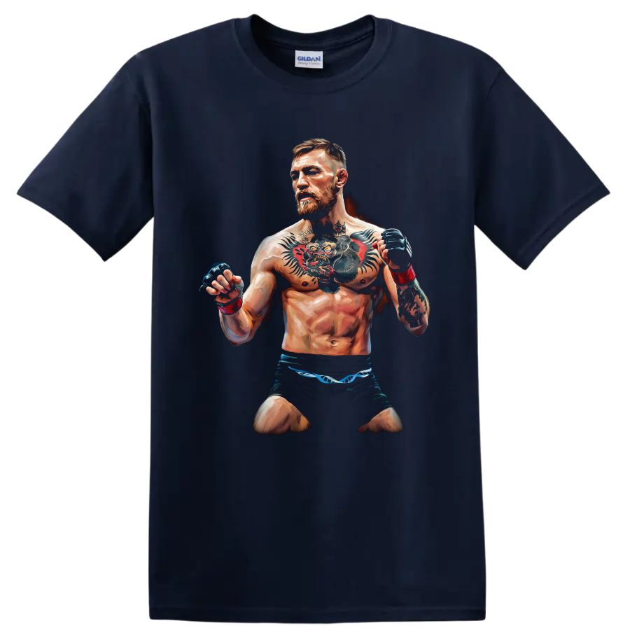 Painted Conor McGregor MMA fighter portrait with raised gloves and prominent tattoos on a Navy (Blue) T Shirt