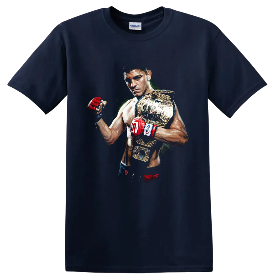 Painted B.J. Penn MMA portrait with red gloves and gold championship belts on a Navy (Blue) T Shirt