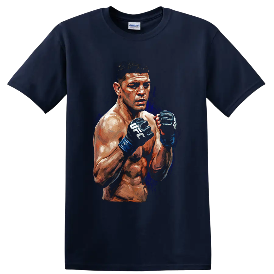 Nate Diaz painted MMA fighter portrait with raised UFC gloves and deep blue accents on a Navy (Blue) T Shirt