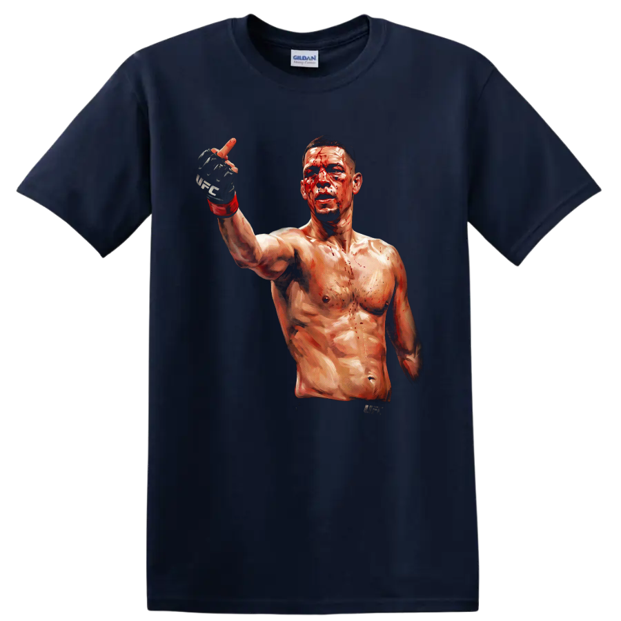 Nate Diaz bloodied MMA fighter portrait with raised gloved hand in painterly style on a Navy (Blue) T Shirt
