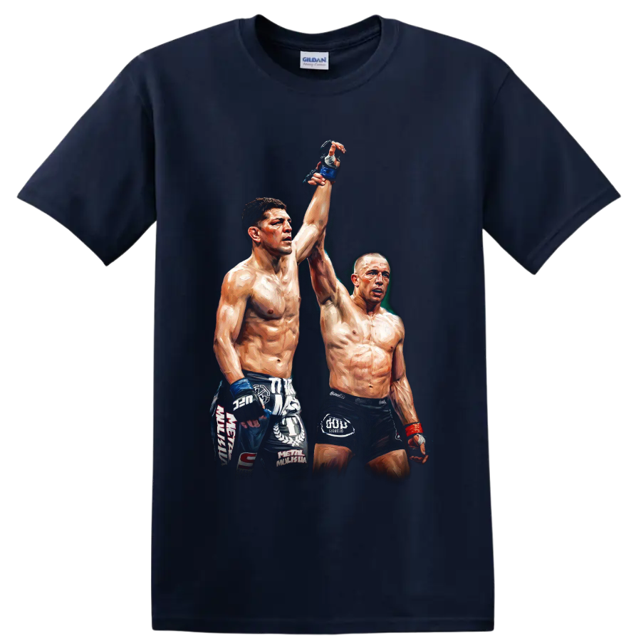 Nick Diaz and Georges St-Pierre in a painterly MMA raised-hand graphic on a Navy (Blue) T Shirt
