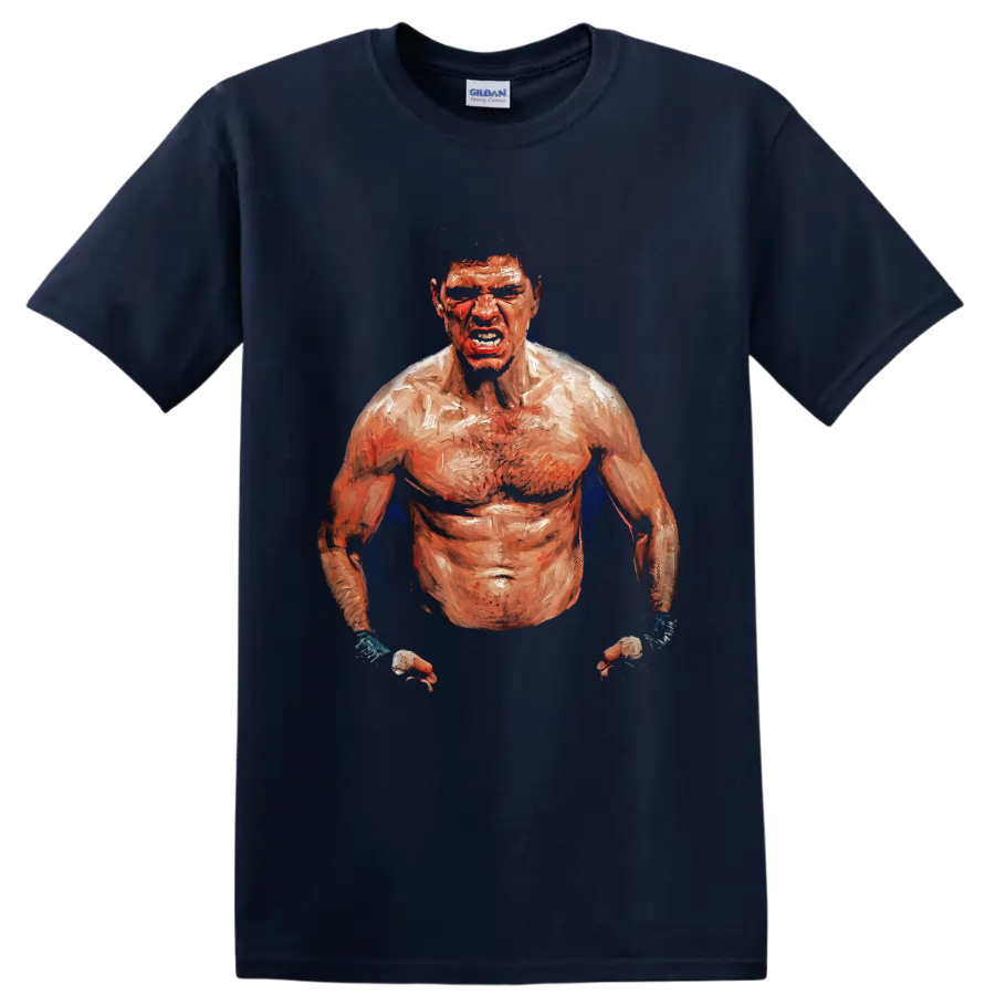 Nick Diaz fierce painted MMA fighter portrait with taped hands and blue accents on a Navy (Blue) T Shirt
