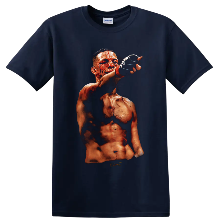 Nate Diaz bloodied MMA fighter portrait with raised black glove in gritty fight-night on a Navy (Blue) T Shirt