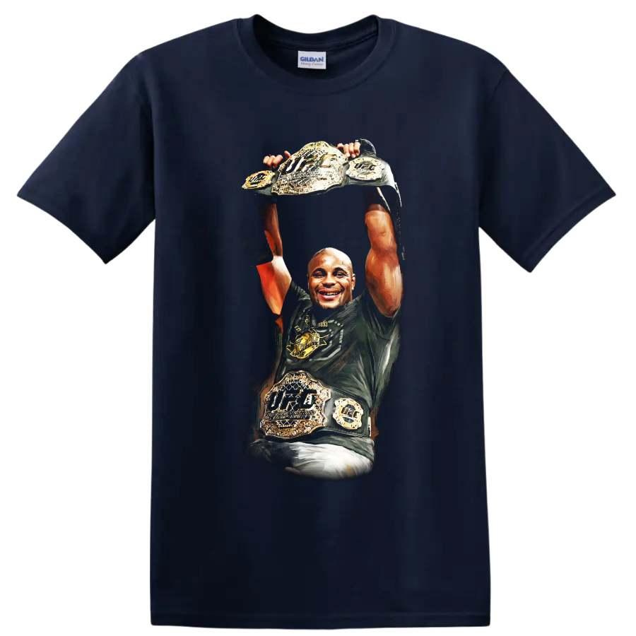 Daniel Cormier illustrated raising UFC championship belts in a triumphant victory pose on a Navy (Blue) T Shirt