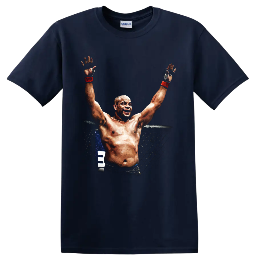 Anderson Silva-style MMA fighter raising gloved hands in a painterly cage victory scene on a Navy (Blue) T Shirt