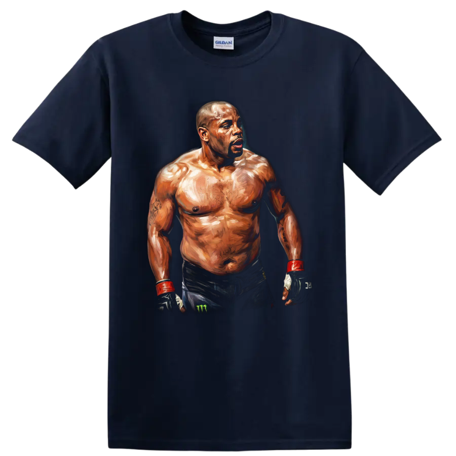 Painted portrait of MMA fighter Quinton Jackson Rampage in gloves and wrist wraps on a Navy (Blue) T Shirt