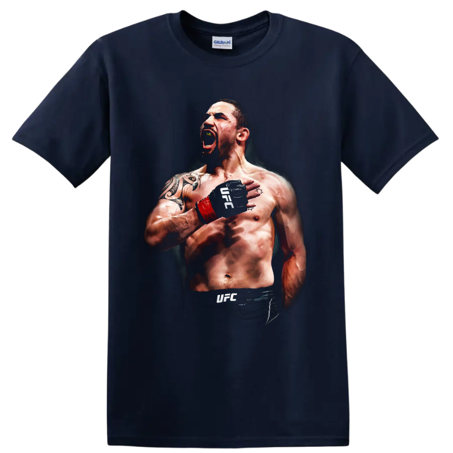 Robert Whittaker The Reaper roaring MMA fighter portrait with red wrist wrap on a Navy (Blue) T Shirt