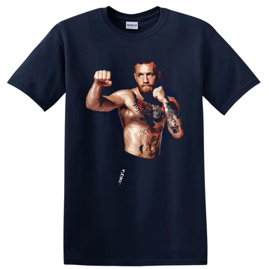 Conor McGregor in a tattooed fighting stance with a deep blue painterly backdrop on a Navy (Blue) T Shirt