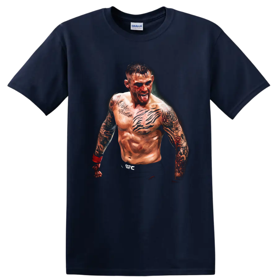 Dustin Poirier tattooed MMA fighter portrait with red hand wraps on a Navy (Blue) T Shirt
