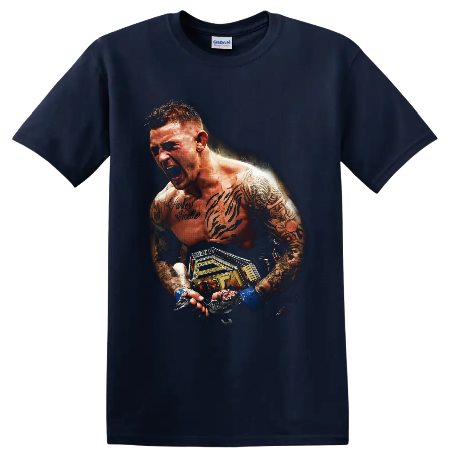 Dustin Poirier roaring MMA fighter portrait with tattoos, blue wraps, and championship on a Navy (Blue) T Shirt