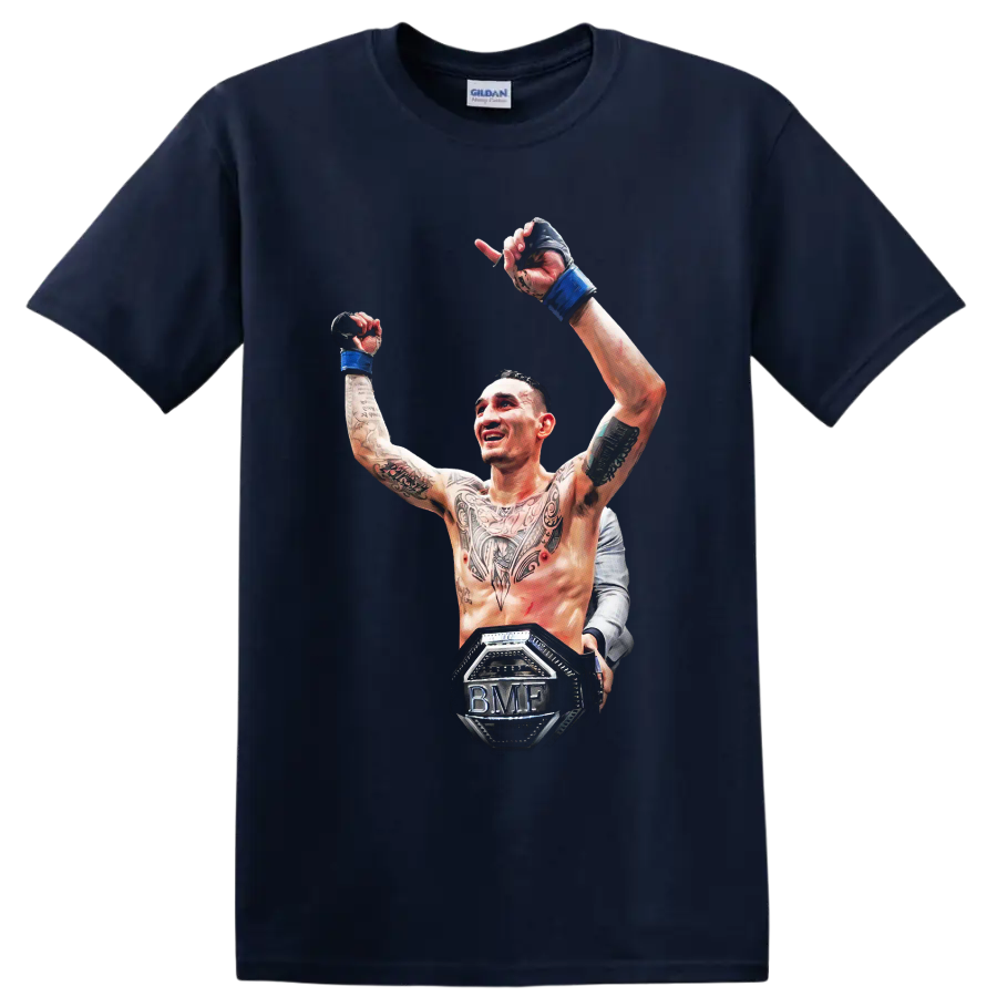 Max Holloway raising gloved hands in detailed MMA victory artwork with BMF belt on a Navy (Blue) T Shirt