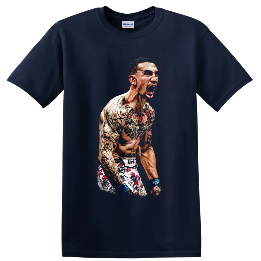 Max Holloway MMA fighter portrait with tattoos, blue wraps, and floral fight shorts on a Navy (Blue) T Shirt