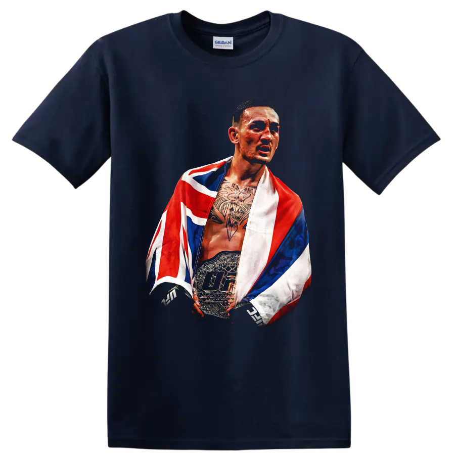Painted Max Holloway championship belt portrait draped in a Hawaiian flag on a Navy (Blue) T Shirt