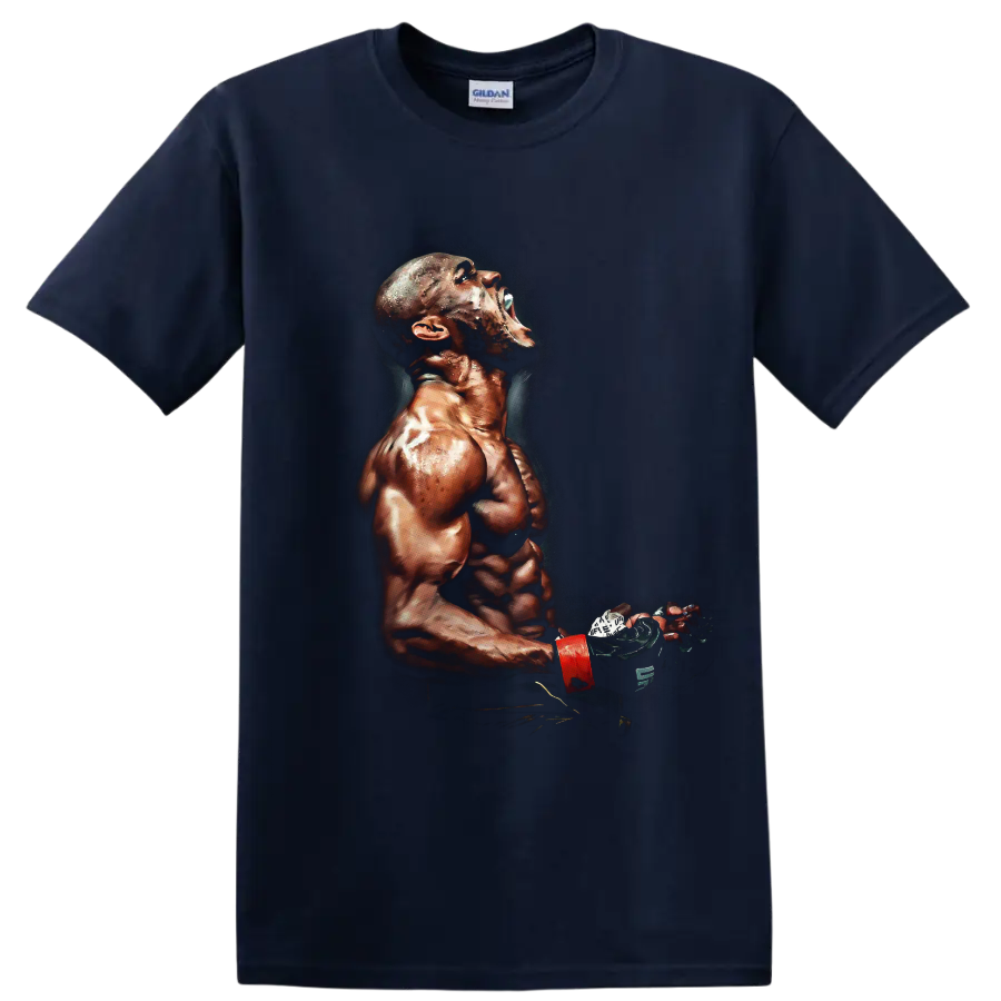 Kamaru Usman painterly MMA fighter portrait with glove and red wrist wrap on a Navy (Blue) T Shirt