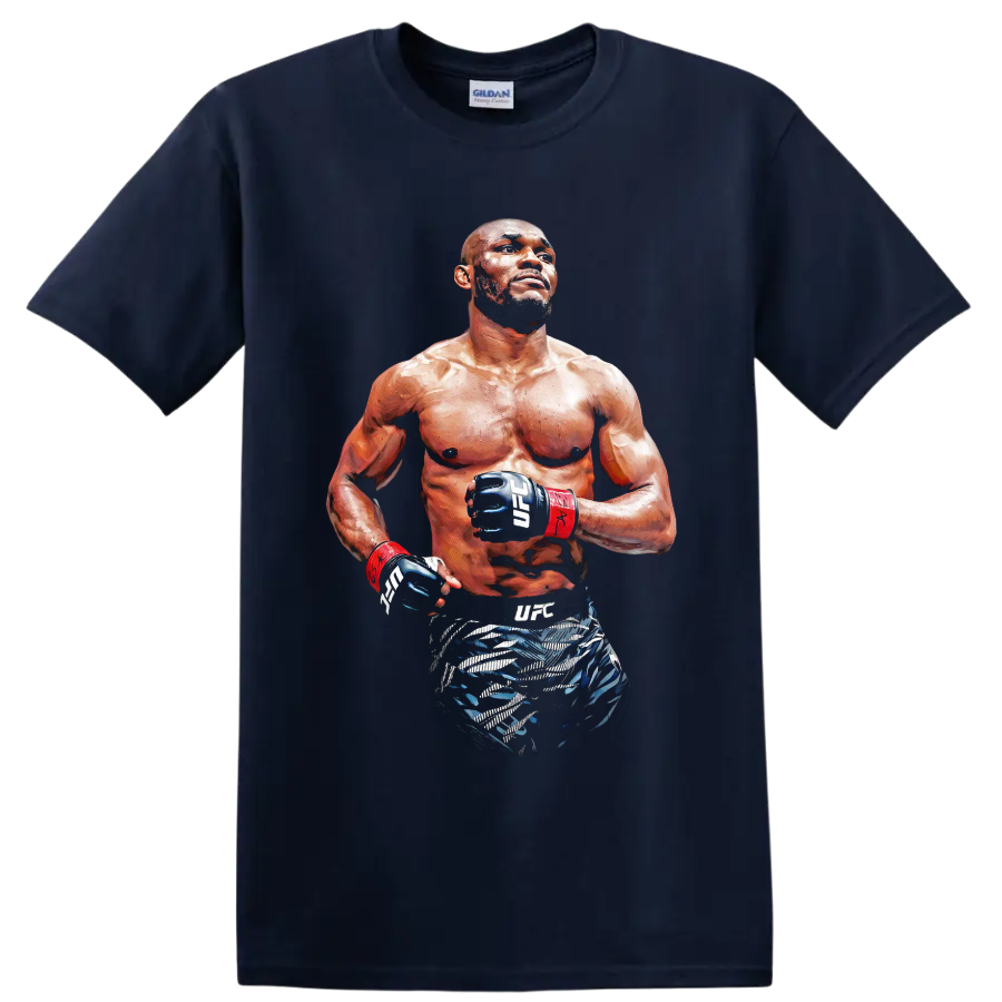 Kamaru Usman painterly MMA fighter portrait wearing UFC gloves and red wrist wraps on a Navy (Blue) T Shirt