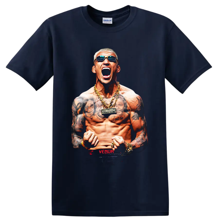 Charles Oliveira roaring tattooed fighter portrait with sunglasses and gold chains on a Navy (Blue) T Shirt