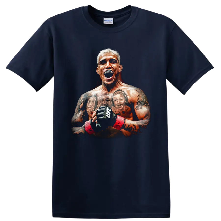 Charles Oliveira roaring MMA fighter portrait with gloves, red wraps, and tattoo artwork on a Navy (Blue) T Shirt