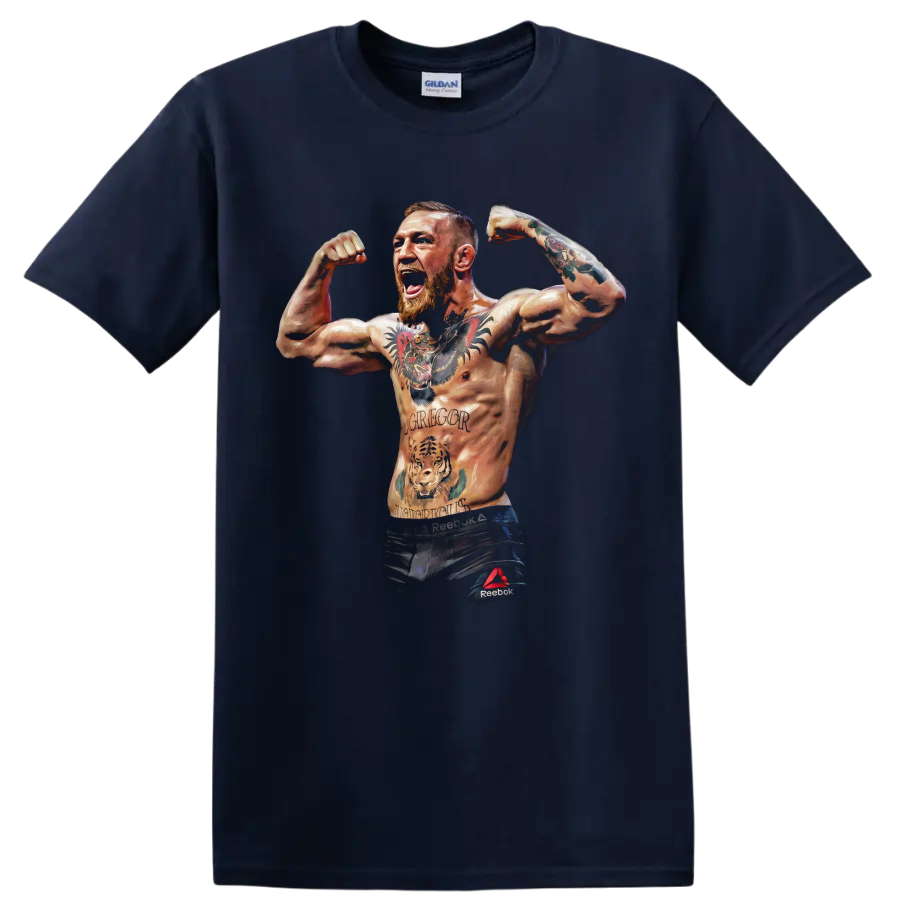 Conor McGregor flexing MMA fighter portrait with tattooed arms in painterly style on a Navy (Blue) T Shirt