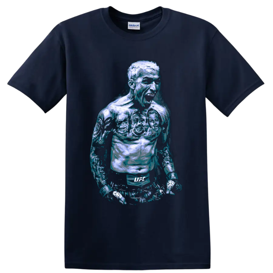 Charles Oliveira roaring MMA fighter portrait in icy blue painterly style on a Navy (Blue) T Shirt