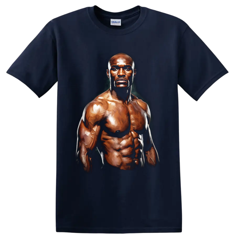 Painterly muscular Terry Crews fighter portrait with dramatic bronze highlights on a Navy (Blue) T Shirt