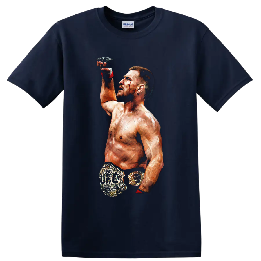 Jan Blachowicz painterly MMA champion portrait with raised glove and gold belt on a Navy (Blue) T Shirt