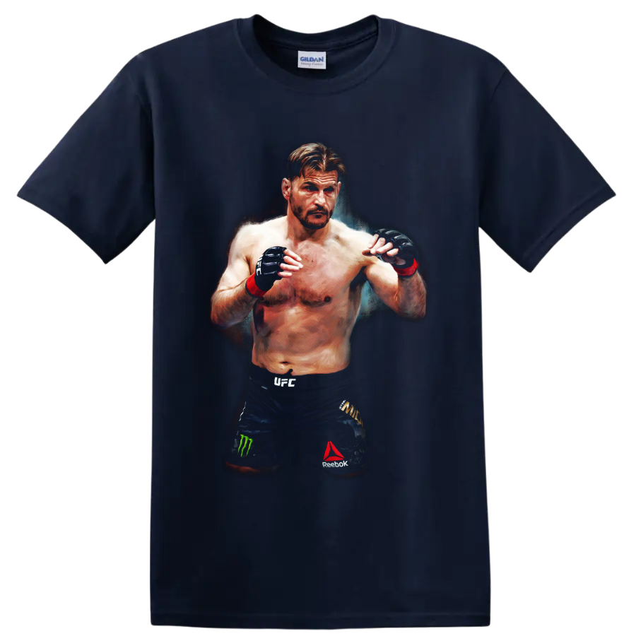 Stipe Miocic MMA fighter portrait in a guarded stance with painterly arena lighting on a Navy (Blue) T Shirt