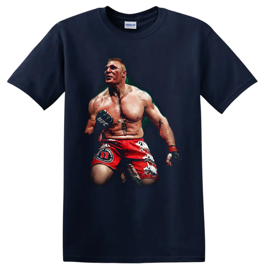Brock Lesnar MMA portrait in red fight shorts with gloves and dramatic painted shading on a Navy (Blue) T Shirt