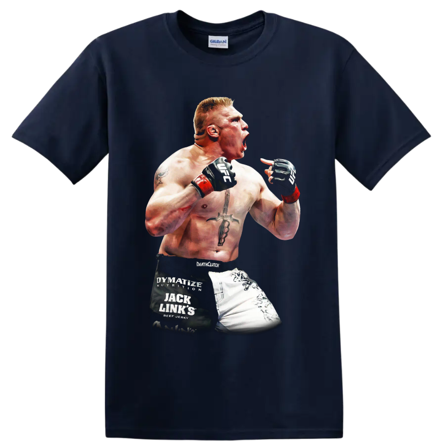 Brock Lesnar roaring in a raised-fist MMA fighter portrait graphic on a Navy (Blue) T Shirt