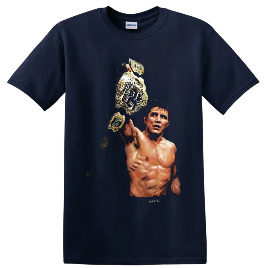 Demetrious Johnson painted MMA portrait raising a gold championship belt on a Navy (Blue) T Shirt
