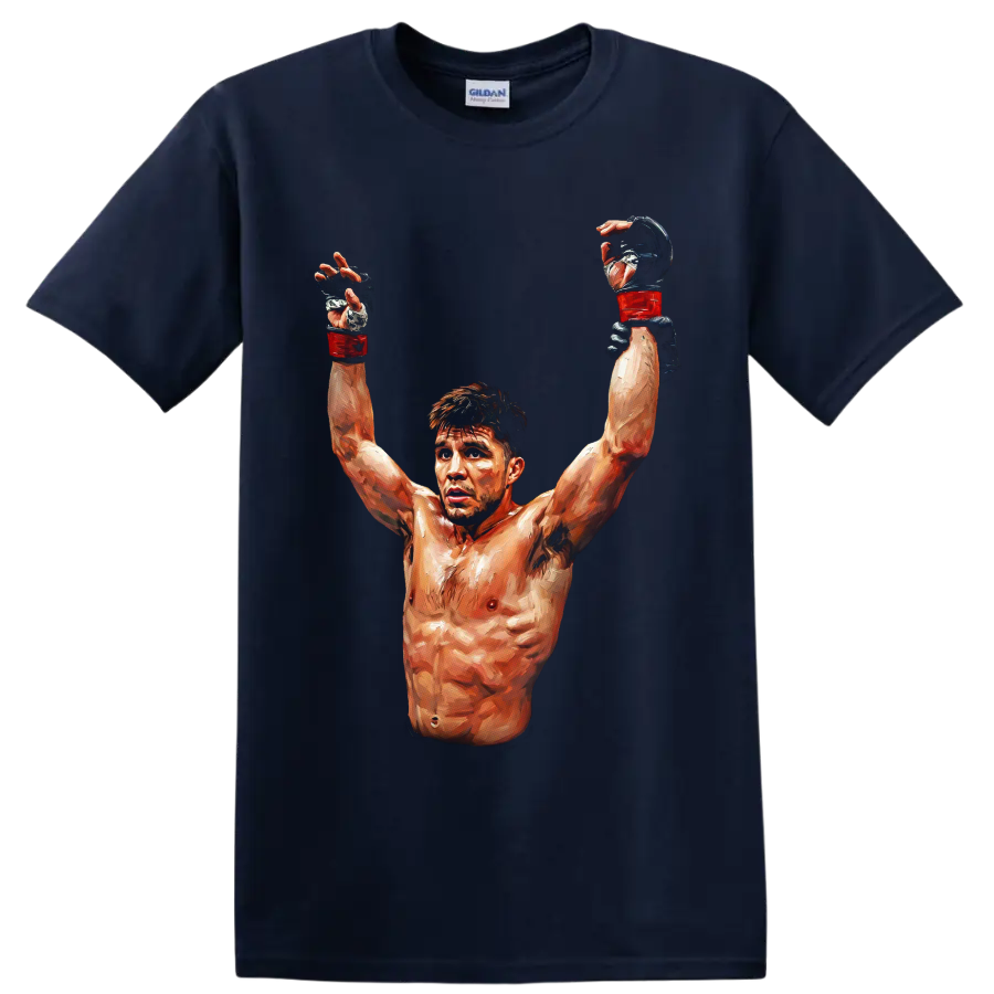 Gennady Golovkin painterly boxing victory portrait with raised red gloves on a Navy (Blue) T Shirt