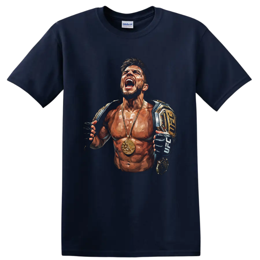 Henry Cejudo Triple C painted MMA champion portrait with belts, gloves, and gold medal on a Navy (Blue) T Shirt