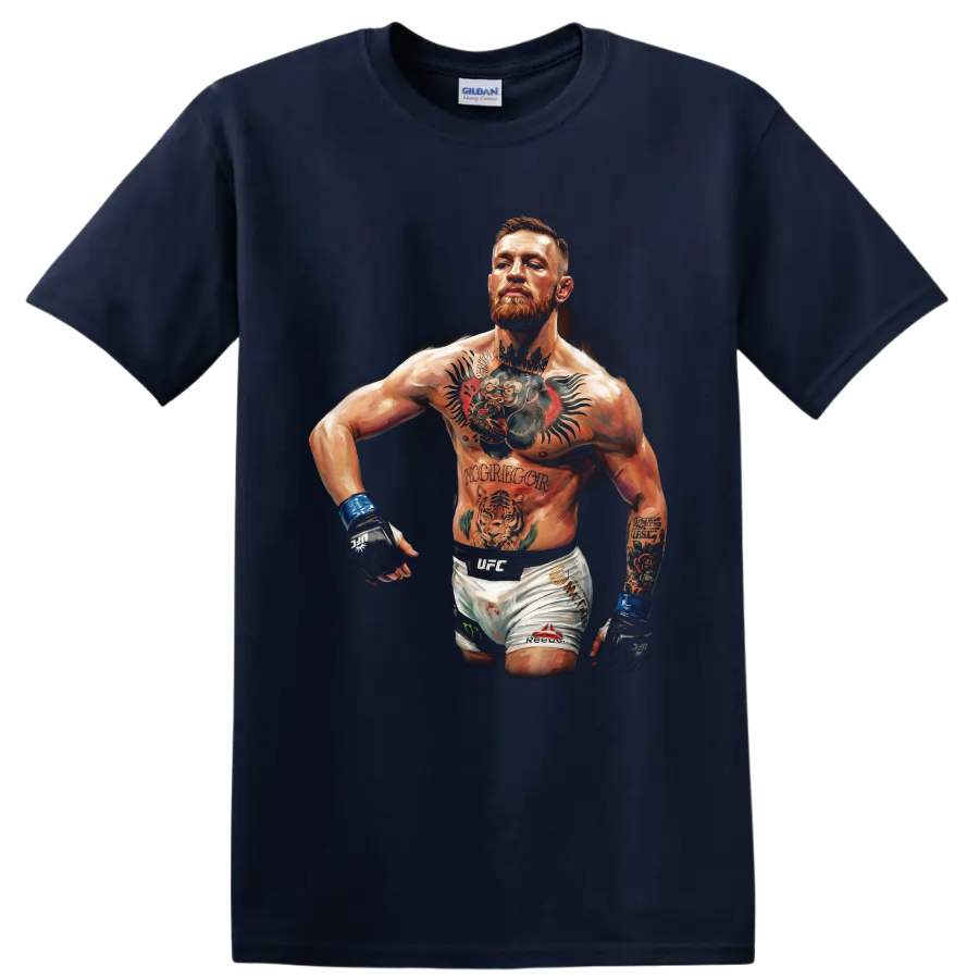 Conor McGregor tattooed MMA fighter portrait in dramatic painted illustration style on a Navy (Blue) T Shirt