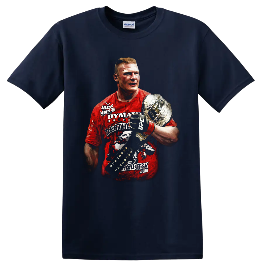 Brock Lesnar portrait with MMA glove and championship belt in dramatic graphic style on a Navy (Blue) T Shirt