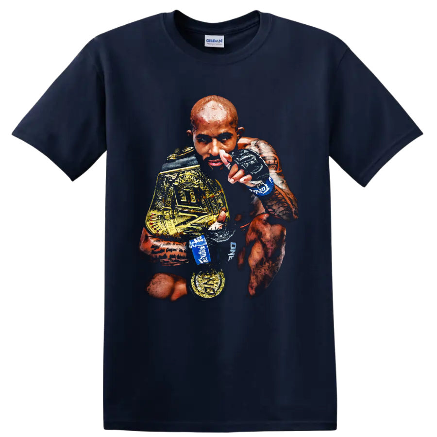 Demetrious Johnson painterly MMA portrait holding gold championship belts on a Navy (Blue) T Shirt