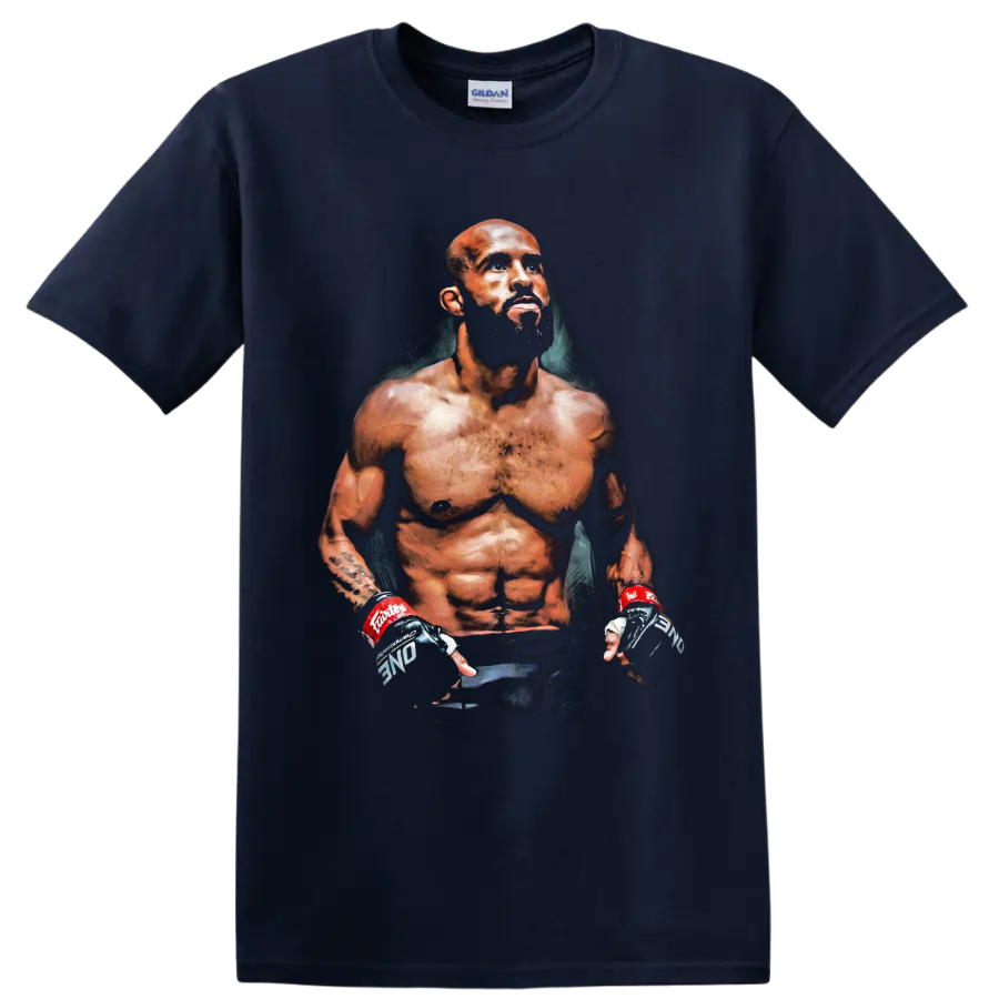 Demetrious Johnson painterly MMA fighter portrait with training gloves on a Navy (Blue) T Shirt