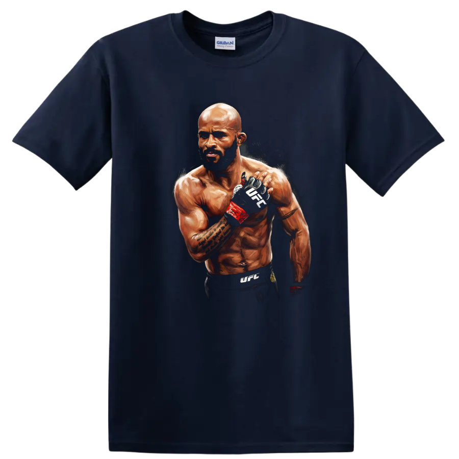 Painted portrait of Demetrious Johnson in MMA gloves with red wraps on a Navy (Blue) T Shirt