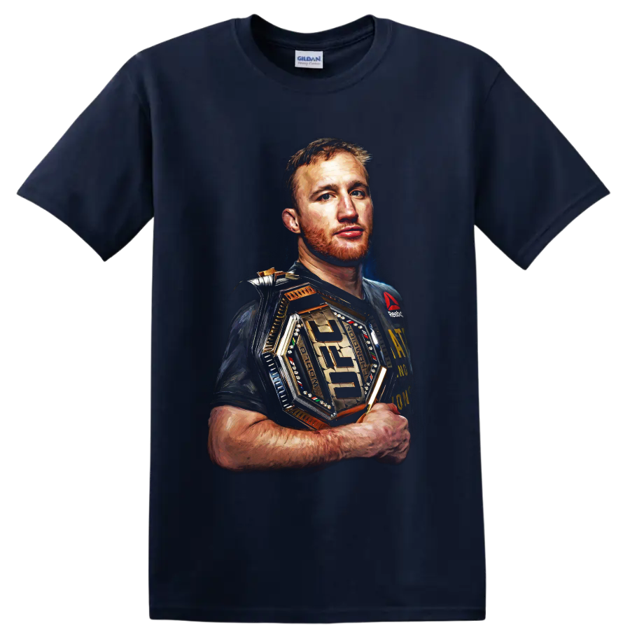 Justin Gaethje painterly MMA portrait holding a gold-toned championship belt on a Navy (Blue) T Shirt
