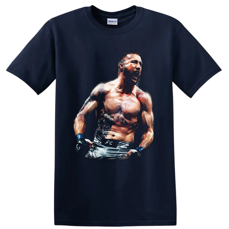 Conor McGregor roaring MMA fighter portrait in dramatic painterly action art on a Navy (Blue) T Shirt