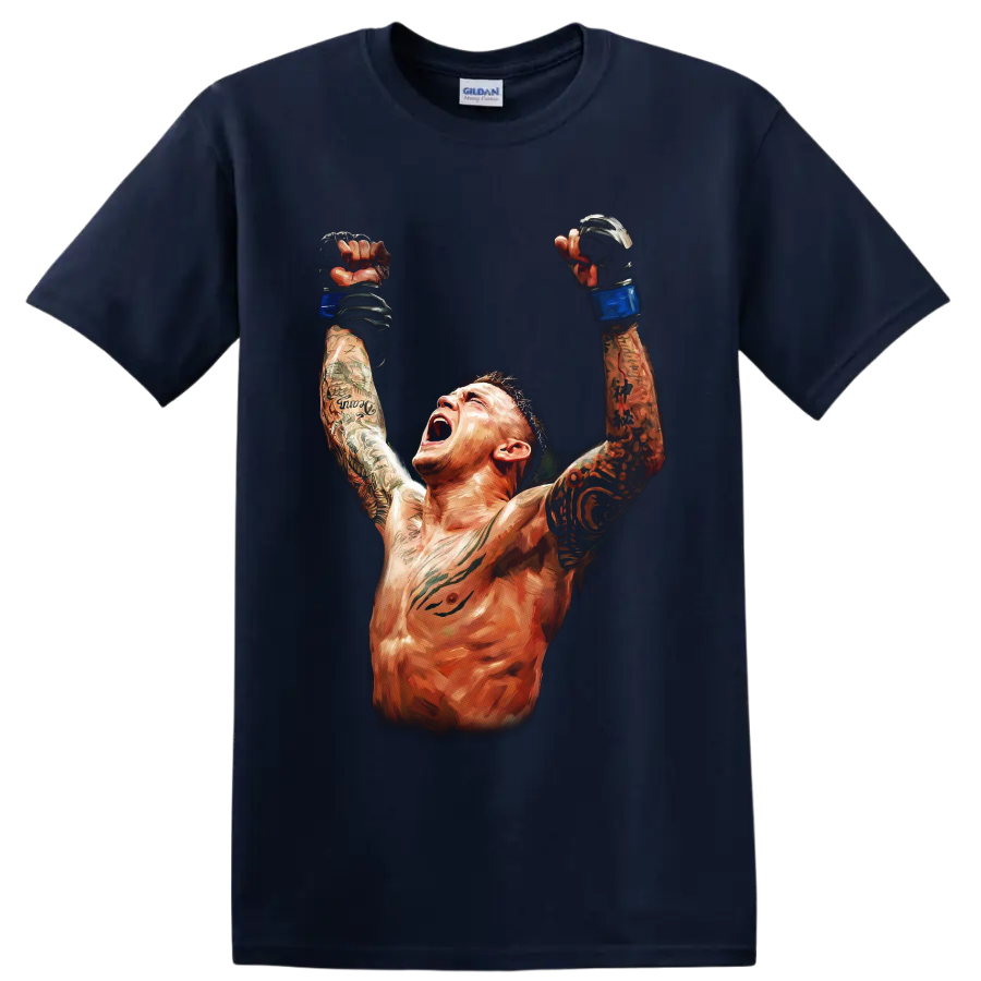 Dustin Poirier painterly MMA victory portrait with raised blue-gloved fists on a Navy (Blue) T Shirt