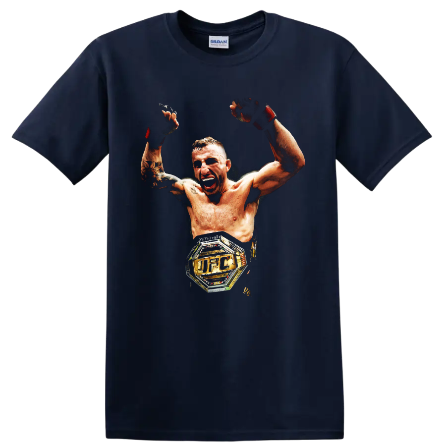 Alexander Volkanovski victory portrait with raised gloves and UFC championship belt on a Navy (Blue) T Shirt
