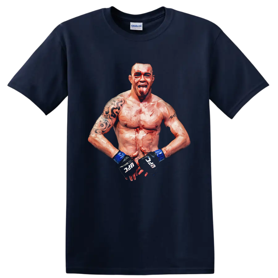 Erwin Smith MMA fighter in a bloodied painterly combat portrait with blue wrist wraps on a Navy (Blue) T Shirt