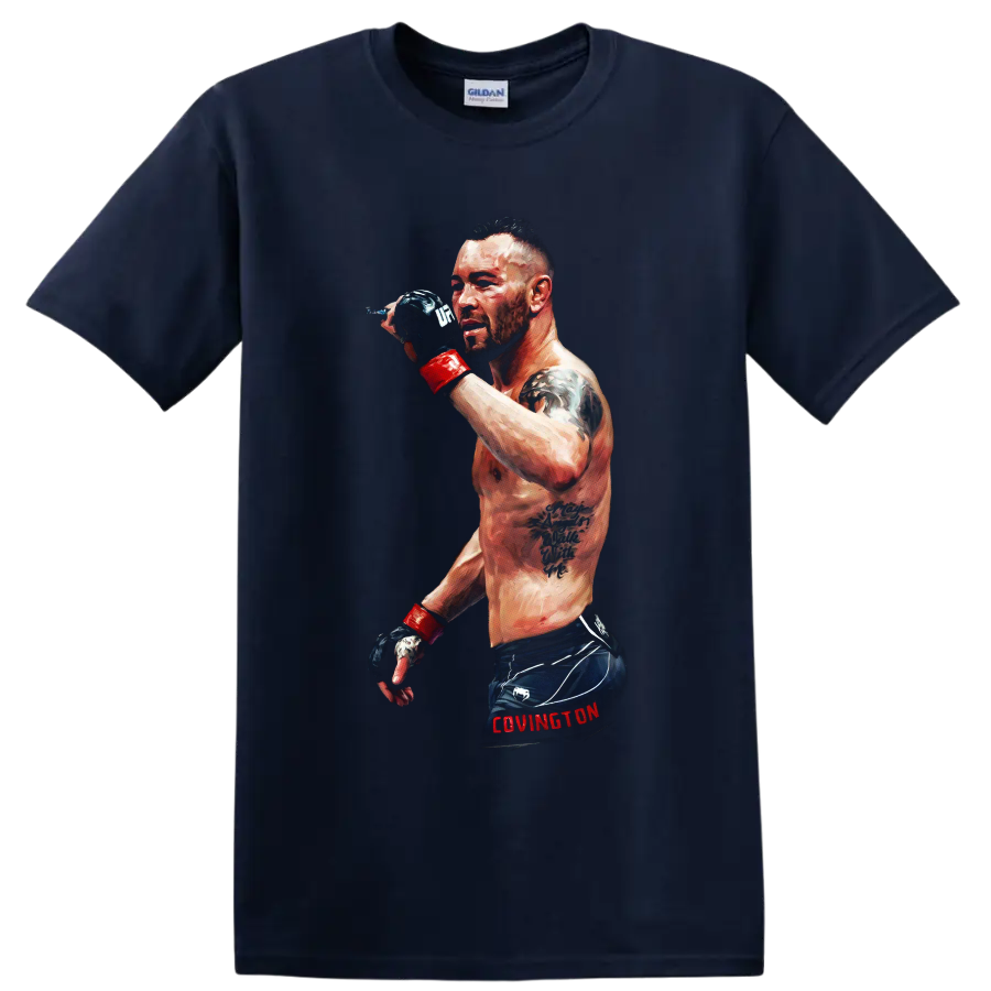 Painted portrait of Colby Covington in MMA gloves and fight shorts on a Navy (Blue) T Shirt
