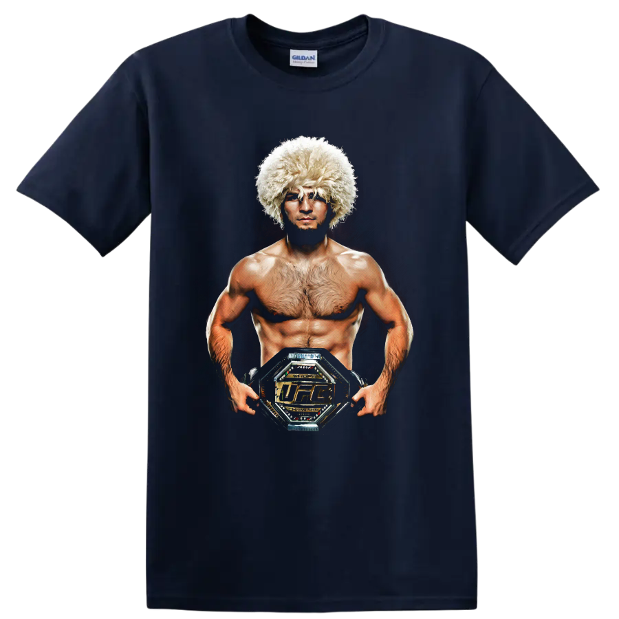 Khabib Nurmagomedov realistic portrait wearing a papakha and holding a championship belt on a Navy (Blue) T Shirt